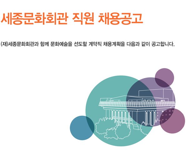 세종문화회관 직원 채용공고 (재)세종문화회관과 함께 문화예술을 선도할 계약직 채용계획을 다음과 같이 공고합니다. 