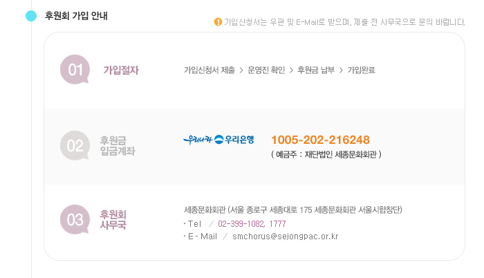 가입안내 ※가입신청서는 우편 및 E-Mail로 받으며, 제출 전 사무국으로 문의 바랍니다. 1) 가입절차 : 가입신청서 제출 > 운영진 확인 > 후원금 납부 > 가입완료, 2) 후원금 입금계좌 : 우리은행 1005-202-216248 (예금주 : 재단법인 세종문화회관), 3) 후원회 사무국 : 세종문화회관 (서울 종로구 세종대로 175 세종문화회관 서울시합창단), Tel : 02-399-1082, 1777, E-Mail : smchorus@sejongpac.or.kr
