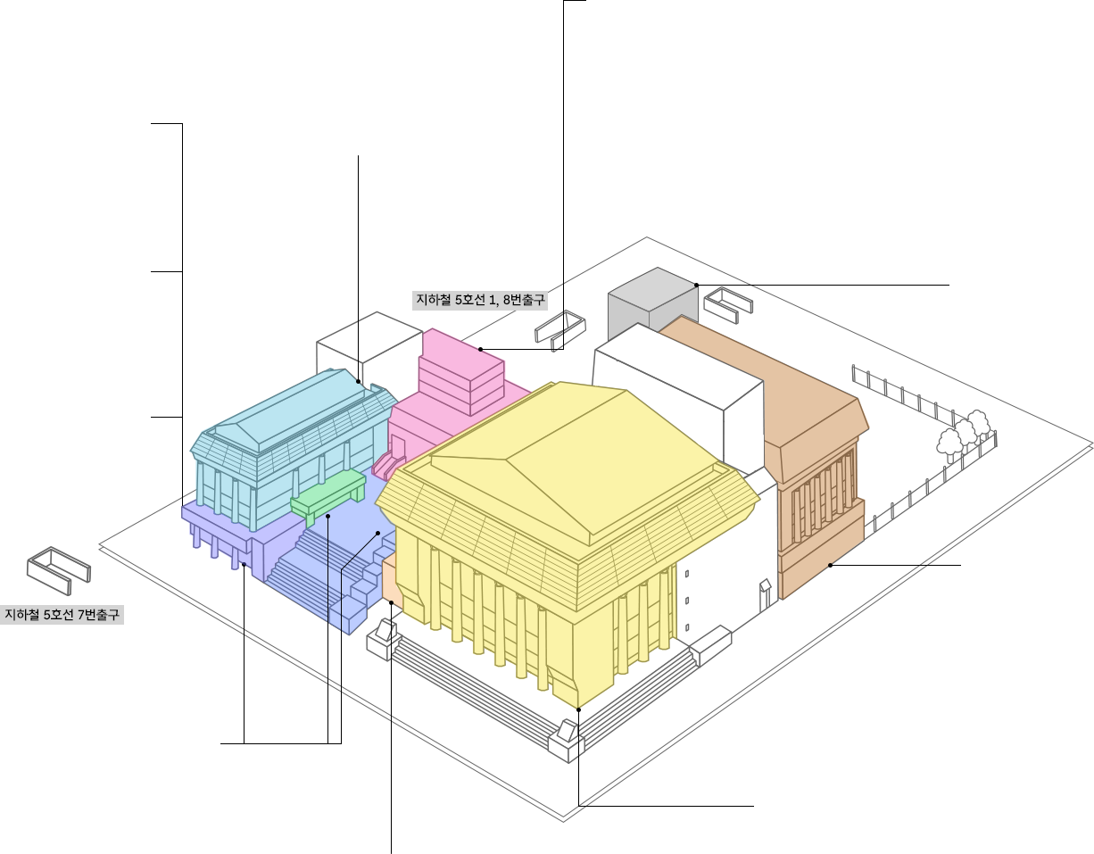 Bird's eye view of Sejong Center for the Performing Arts (Subway Line 5 Exits 1 and 8 and Subway Line 5 Exit 7 are shown together)