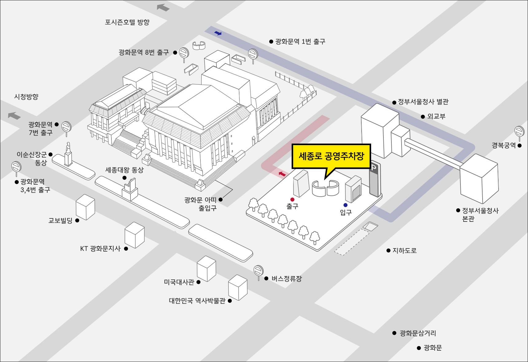 주차장 출입구 안내 지도로 상세 내용은 하단 내용 참고
